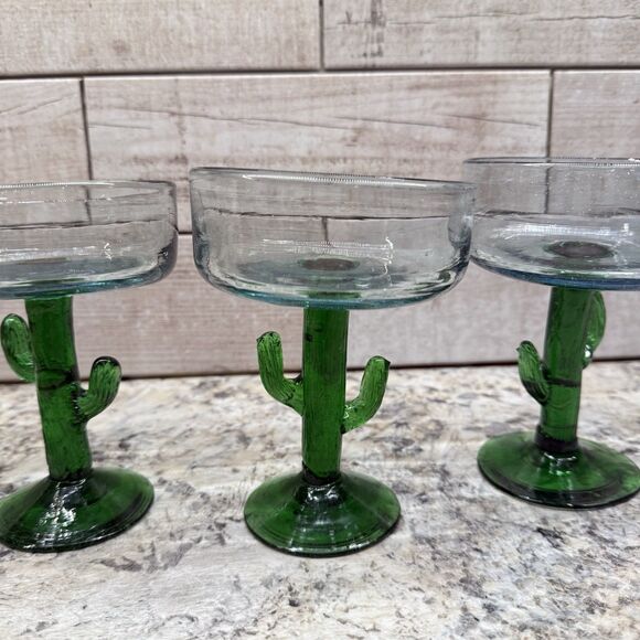Vintage Saguaro Cactus Hand Blown Mexican Art Glass Margarita Glass 5pc Set - Picture 5 of 16